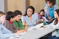 A teacher helping a group of students write in class