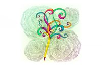An illustration of a pencil with swirling colors emerging from the back end of it, symbolizing creativity and ideas