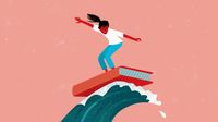 An illustration of a student surfing a wave on top of a book