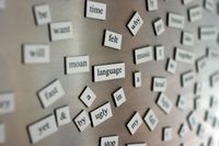 Magnetic poetry tiles placed on a refrigerator door, including word tiles such as :"felt," "language," "time," and "music"