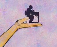 Illustration of a hand supporting child working at school desk