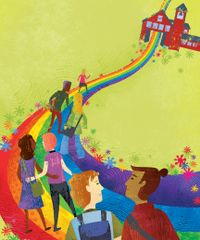 An illustration of a group of children walking a rainbow path to school