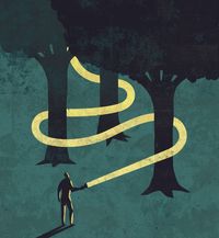Illustration of man carrying flashlight and walking through some trees