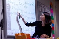 Teacher teaching from interactive whiteboard