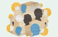 Illustration of younger and older people talking with speech bubbles set against a pile of blocks