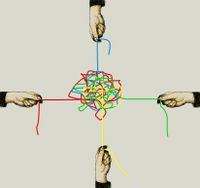 Illustration concept showing hands pulling apart entangled lines