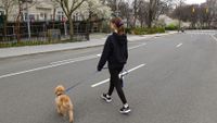 Teenage girl walks dog across empty city street.