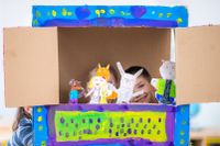 Children putting on a puppet show at home