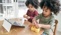Young twin brothers participate in distance learning activities at home
