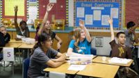 Middle school students in social studies class raise their hands 
