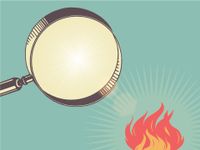 An illustration of a magnifying glass against a solid green backdrop focusing on something and creating fire.