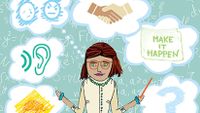 An illustration of a female teacher with six thought bubbles behind her. The six thought bubbles show: a question mark, the words, "Make it happen," a hand shake, an angry and sad face, a listening ear, and a drawing of a turtle.