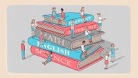 An illustration of people sitting on a stack of larger-than-life red and blue textbooks labeled, "History," "Geography," "Math," "English," and "Science."