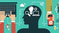 An illustration of the inner workings of a person's brain while they are typing on a keyboard and texting on a smartphone.