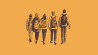 A sketch against an orange backdrop of five high school students, three girls to the left and two boys to the right, walking side by side. Their backs are facing us. They are all wearing backpacks.