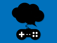 An illustration of a quotation bubble connected to a game controller.