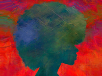 A painting of a side profile silhouette of a black woman with an afro in greens and blues with a bright background of pink, orange, yellow, and purple. 