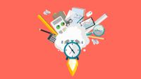 Illustration of a clock taking off like a rocket, with pens, paper, a tablet computer, and other items in a cloud above it