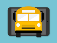 Graphic of a school bus driving out from a tablet.