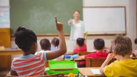 A child raises her hand during a class.
