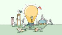 Cartoon people plug in a lightbulb.