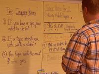A photo of a teacher at a whiteboard in a strategy session.