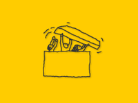 Illo of three kids inside a huge box pushing off the top