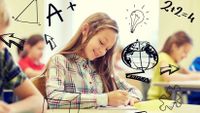 Photo of a girl taking a test, with illustrations drawn on the photo
