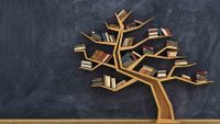 Image a bookshelf built in the shape of a tree positioned in front of a blackboard