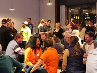Many educators at a meet-and-greet for happy hour and dinner