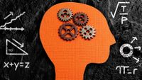 Illustration of a head in profile with gears for a brain and math equations written around the head