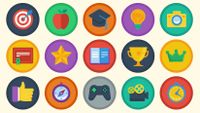 Illustration of a variety of small images that suggest achievement badges