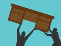 Illo of silhouette of two men lifting a big desk above their shoulders