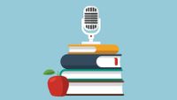 Illustration showing a microphone with a stack of books and an apple