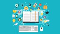 Illustration of an open book connected to a computer keyboard and mouse and surrounded by icons