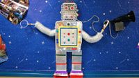 Very colorful classroom bulletin board with a robot