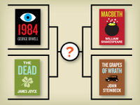 An illustration of four book covers connected by lines–1984, Macbeth, The Dead, and The Grapes of Wrath.