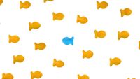 One blue fish in a sea of orange ones.