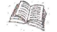 Illustration showing tiny drawn people standing in a pattern that suggests an open book