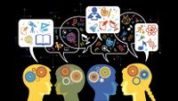 A stylized illustration showing students’ minds as they talk to each other