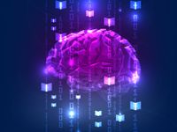 A purple, digitized brain, floating against a blue, digitized backdrop with the numbers one and zero forming vertical lines across the brain.
