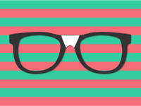 An illustration of black glasses with a white bridge behind a striped red and green backdrop.