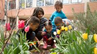Young elementary students inspect flowers outside with a magnifying glass