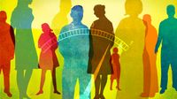 Illustration showing a scale and multi-colored silhouettes of adults in the background