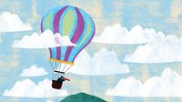 Illustration showing person floating in hot air balloon looking through monocular