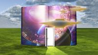 Illustration of open book with door in the middle and science fiction elements floating around