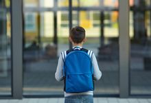 Schoolboy stands in front of the school door.