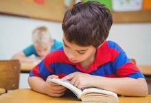 一个大镶边红色和蓝色极性衬衫的一个年轻男孩坐在他的书桌上，他的脑袋里在书中。