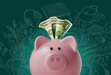 Photo illustration of a piggy bank surrounded by educational elements