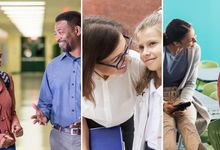 Photo collage of smiling teachers and students of various ages talking
